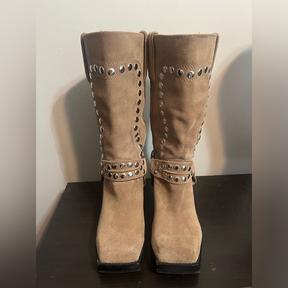 Sold out-Jeffrey Campbell-mid-calf, pull on with harness detailing and studs